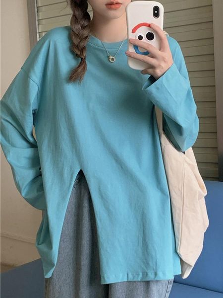 

women's t-shirt split white long sleeve autumn 2021 loose and versatile bottom shirt spring top