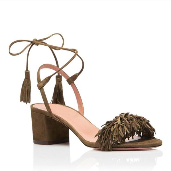 

sandals 2021summer fashion women slingback tassels high heel open toe ankle ties fringed suede dress square shoes plus size, Black