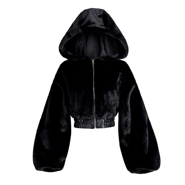 

women's fur & faux 2021 fall/winter fashion coats and jackets for women short high-waisted textured with hood black overcoat