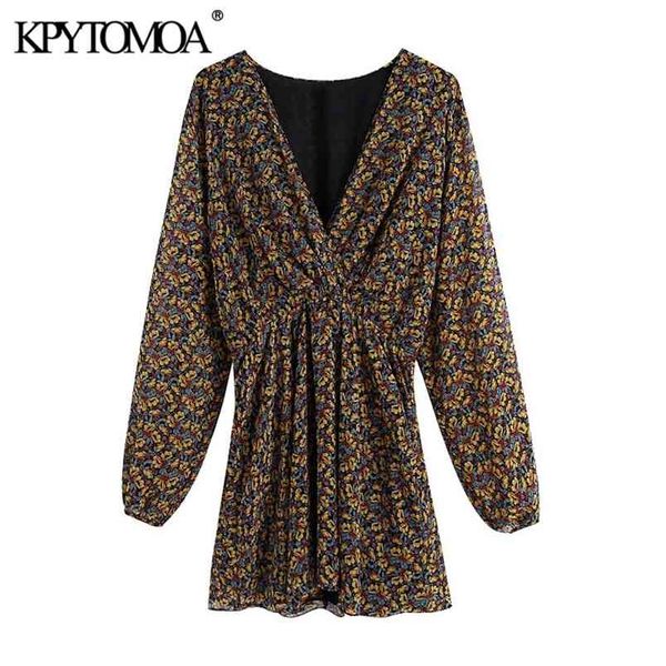 

women chic fashion floral print pleated mini dress long sleeve elastic waist female dresses mujer 210420, White