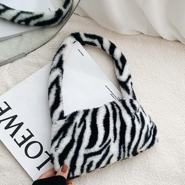 

winter vintage zebra pattern shoulder underarm bag female plush autumn handbag soft warm fur tote purse for lady sac a main duffel bags