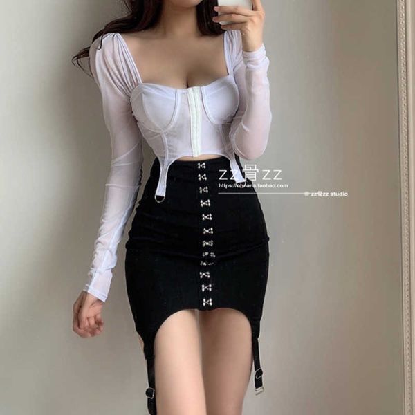 Korea Spitze Mesh Patchwork Unregelmäßige Nabel Kurz Fashion Solid Langarm T-shirt Sexy Frauen Tops tees koreanische sexy tops GR8 210603