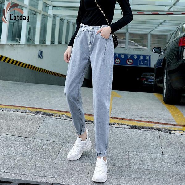 

cotday women jeans 2021 spring high waist femme denim trouser vintage fashion versatile casual dark blue straight pants women's