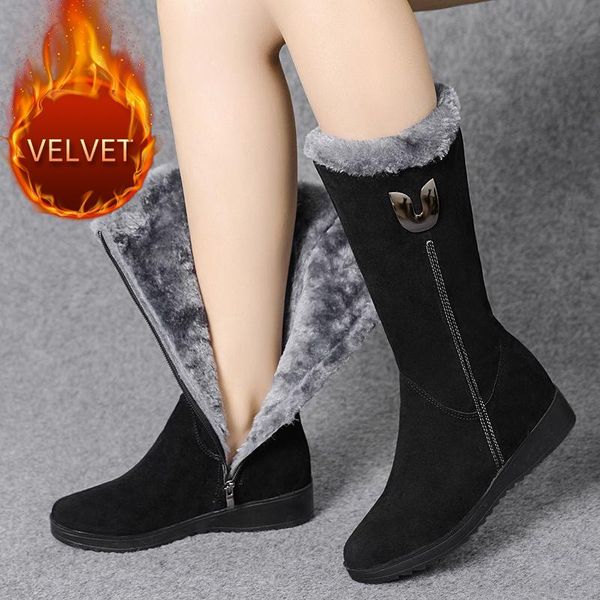 

boots women shoes winter cotton flat snow plus velvet, warm mid-tube side zipper botas de mujer, Black