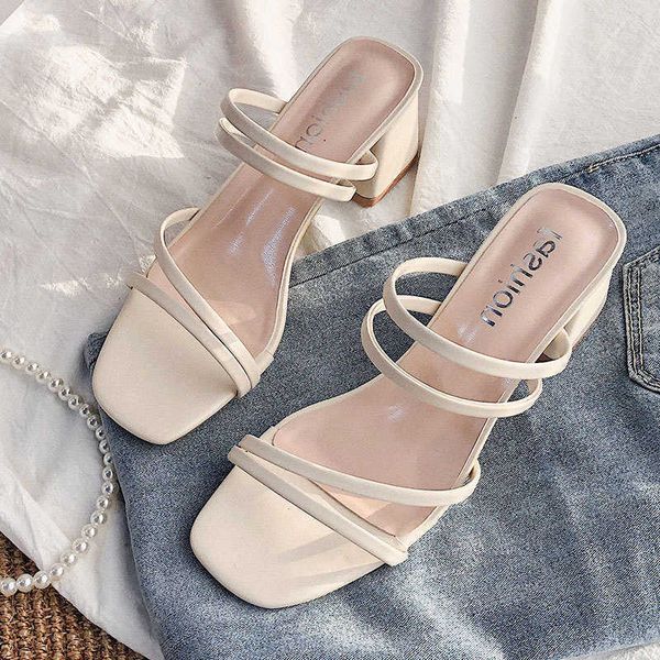 

black thin strap sandals female new 4cm mid-heel sandals slippers women's outer wear chunky heels women's shoes y0721