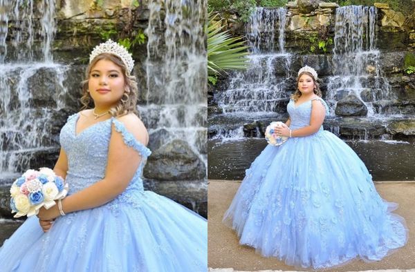 

elegant light blue 3d floral flowers quinceanera prom dresses 2022 off the shoulder plus size ball gown lace beads corset evening 15 party, Blue;red