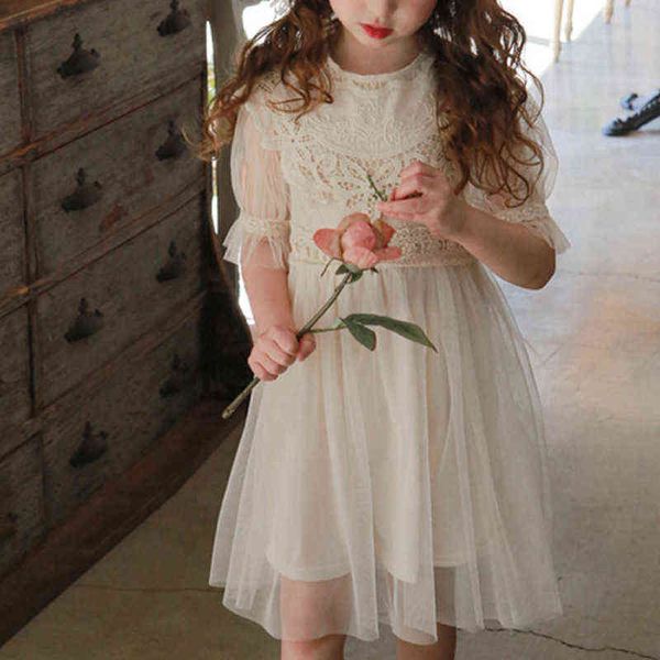 Mädchen Kleider Rosa Beige Stickerei Blumen Mesh Halbe Hülse Nettes Kleid Mädchen Tüll Prinzessin Kleid Für Kinder Kinder Spitze Kleidung g1218