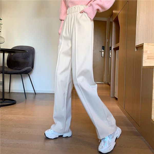 

woolen thickened wide leg pants casual women's autumn winter 2021 high waist loose thin straight tube floor long & capris, Black;white