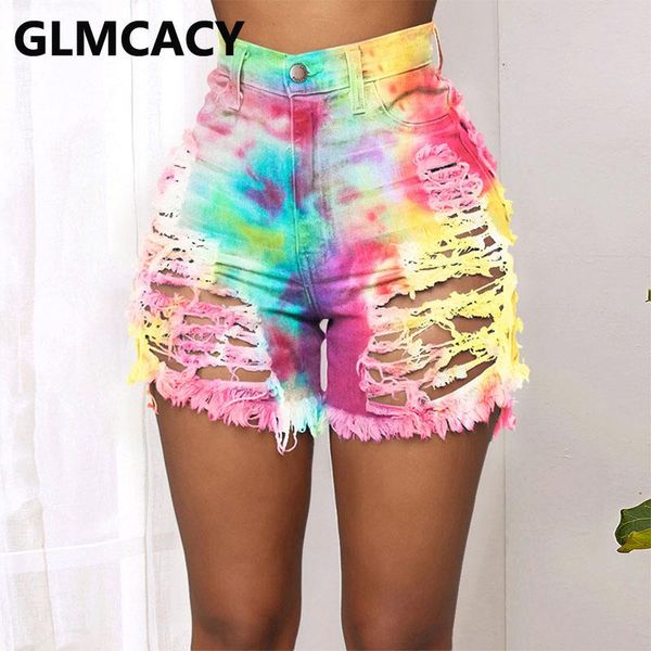 

women's jeans women colorful tie dye printed ripped denim shorts high waist streetwear, Blue