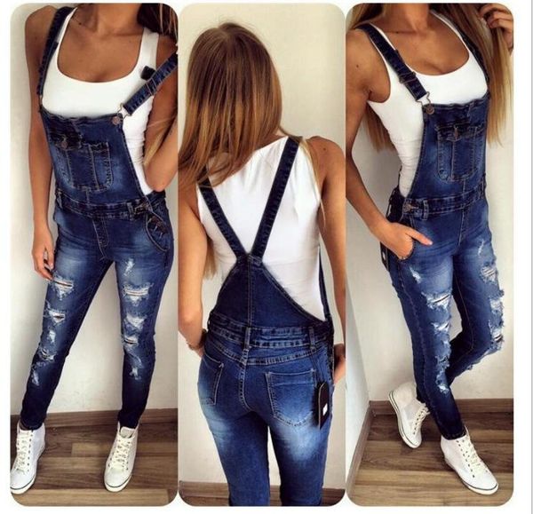 

women's jeans ripped denim jumpsuit female casual long daily shoulder strap, Blue