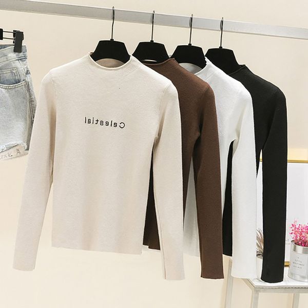 

women's sweaters high elasticity embroidery letter half turtleneck new women sweater knitted slime clothes long sleeve spring pull femm, White;black