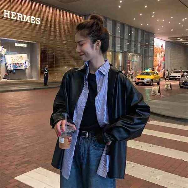 

women oversized pu leather blouses spring autumn black faux leather basic coat turn-down collar motor biker jacket
