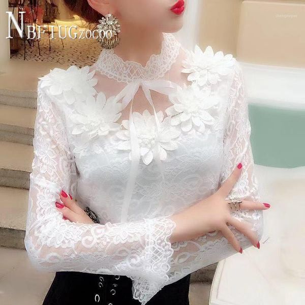 

spring summer lace women blouse korean flower decor sweet female blouses women's & shirts, White