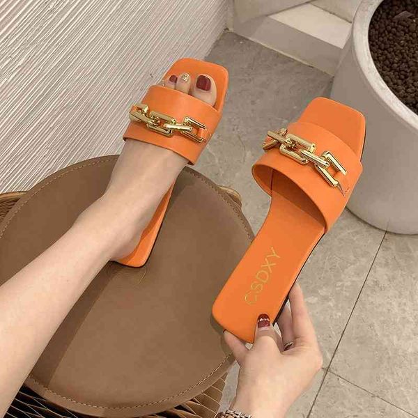 

75% off factory outlet sale new fashion slippers square toe flat casual shoes women slide 2021 summer flip flops metal chain beach sandal sl, Black