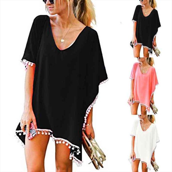 

chiffon tassels beachwear women swimsuit cover up summer mini dress swimwear bathing suits loose solid pareo cover ups p4, White;black