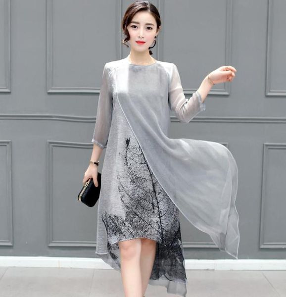 

casual dresses women dress gray color o neck plus size clothing 4xl vintage long sleeve floral print chiffon summer, Black;gray