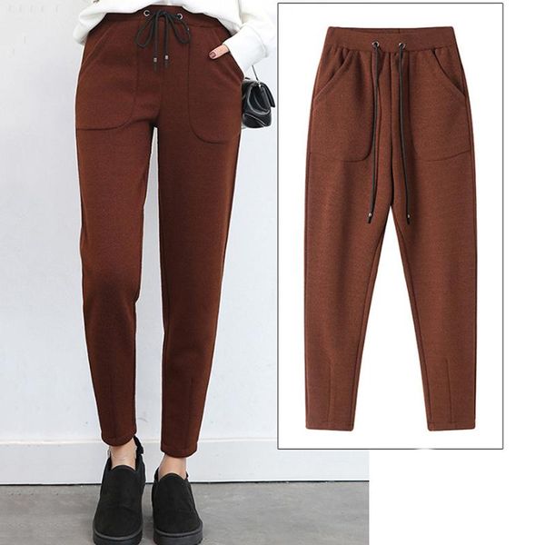 

women's pants & capris women harem thicken warm winter high waist loose casual trousers solid color ankle-length woolen, Black;white