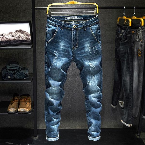 

men's jeans slim 2021 ripped fit feet stretch korean fashion pants, Blue