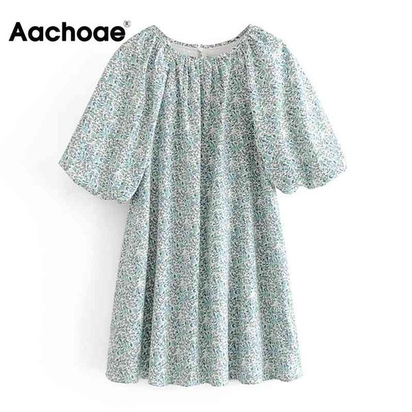 

aachoae loose floral print mini dress women summer o neck pleated casual dresses fashion lantern short sleeve dress vestidos 210413, Black;gray