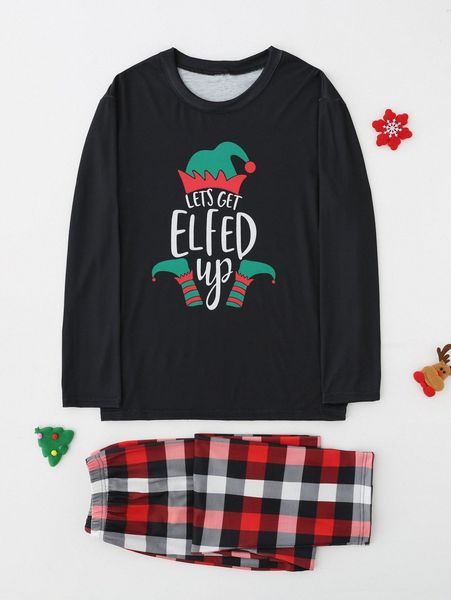 

men 1pc christmas and slogan graphic lounge tee & 1pc plaid lounge pants e8kk#, Black;brown