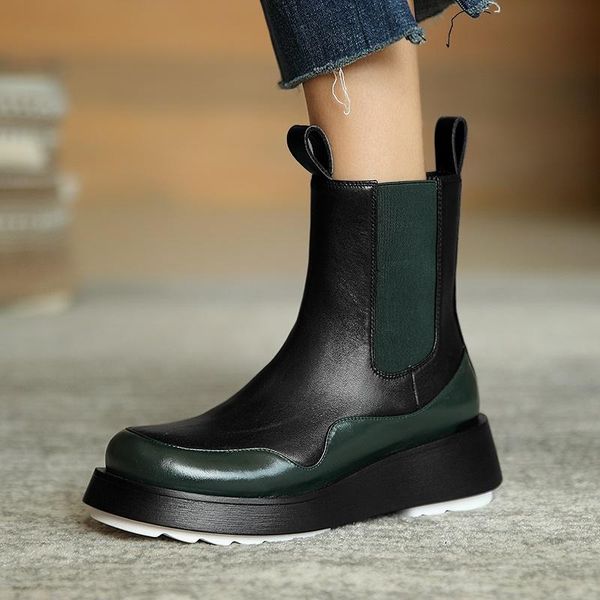 

boots 2021 winter women short fashion genuine leather thick bottom heighten shoes splicing casual white black size 34-39