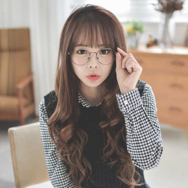 

korean fashion wig women's long curly hair air bangs big wave fake head cover, Black