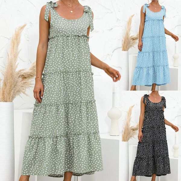 

casual dresses women loose floral dress fashion sleeveless digital print round neck splice summer midi plus size vestidos, Black;gray