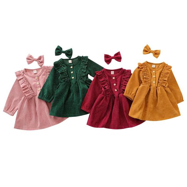 

girl's dresses toddler baby girl fall winter clothes solid long sleeve corduroy ruffle button dress bow hair clip 2pcs outfits clothing, Red;yellow