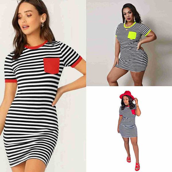 

selling striped fashion bag hip dress women's printed pocket slim dress, White
