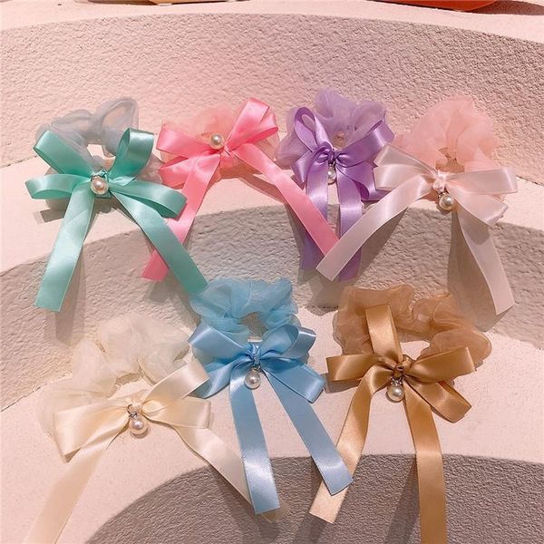 

simple cute girl hair rope sweet yarn bow ribbon imitation pearl ties for children fashion accessories, Slivery;white