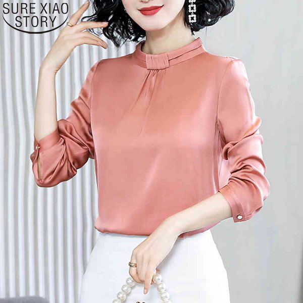 

spring silk satin long sleeve office lady women blouse stand collar korean clothes plus size blusas 13045 210417, White