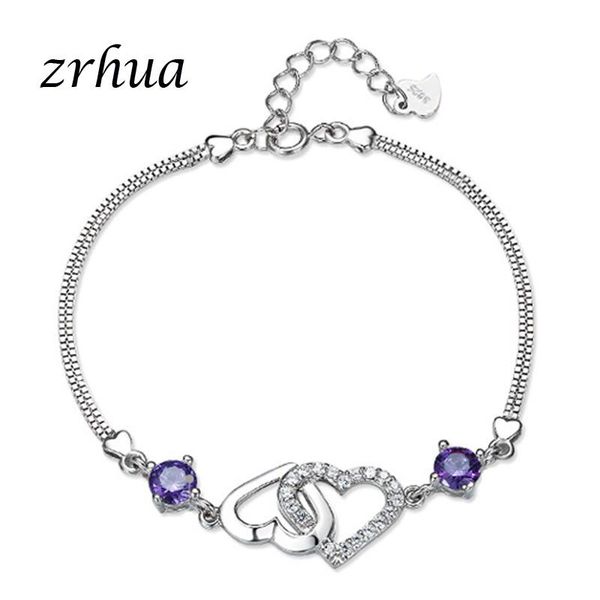 

link, chain zrhua heart 925 sterling silver beads bracelets & bangles for women valentine's day gift party jewelry, Black