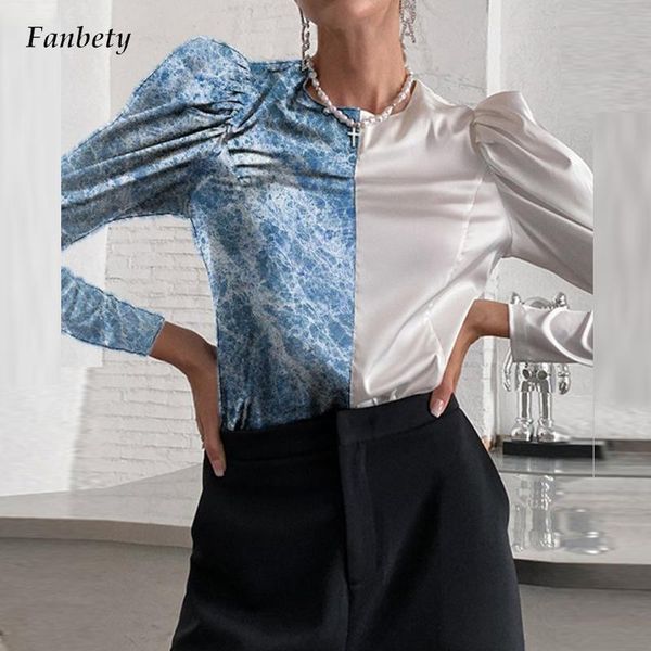 

women's blouses & shirts office lady elegant round neck puff long sleeve autumn fashion patchwork chic women blouse 2021 design blusa, White