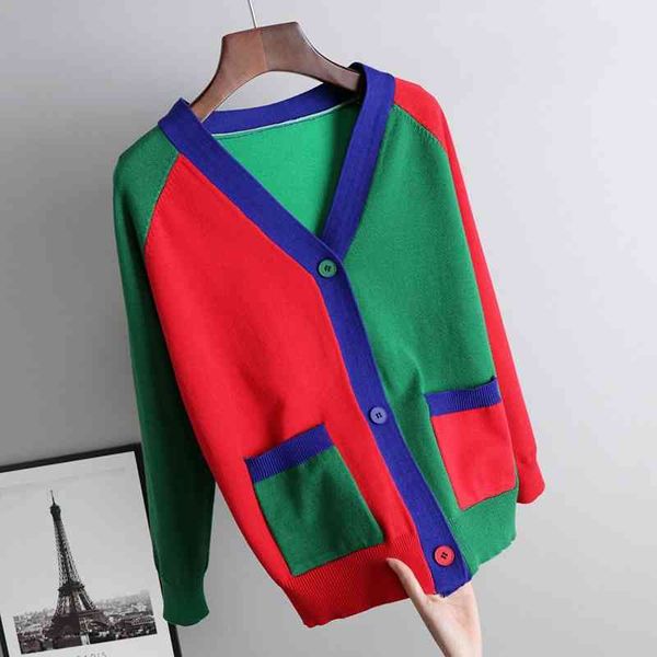 

women's knits & tees patchwork elegant v-neck green cardigan women soft knitted sweater 2021 spring gley, White