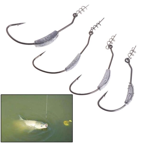

pcs/bag fishing hook lead barbed offset high carbon steel soft worm holder jig hooks
