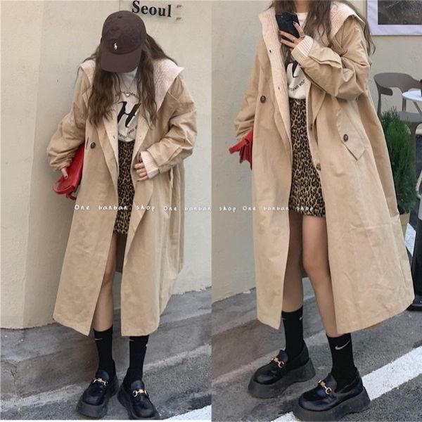 

women's trench coats coat for women 2021 french style design niche long retro hong kong chic petite kio, Tan;black