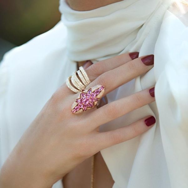 

wedding rings gothic punk women finger micro pave blossming pink cz ring elegent bohemia style for ladies luxury jewelry, Slivery;golden