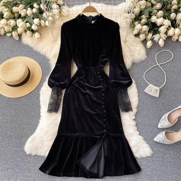 

casual dresses pinkou women stylish velvet black mermaid dress lace patchwork front split long sleeve party club wear midi qa252, Black;gray