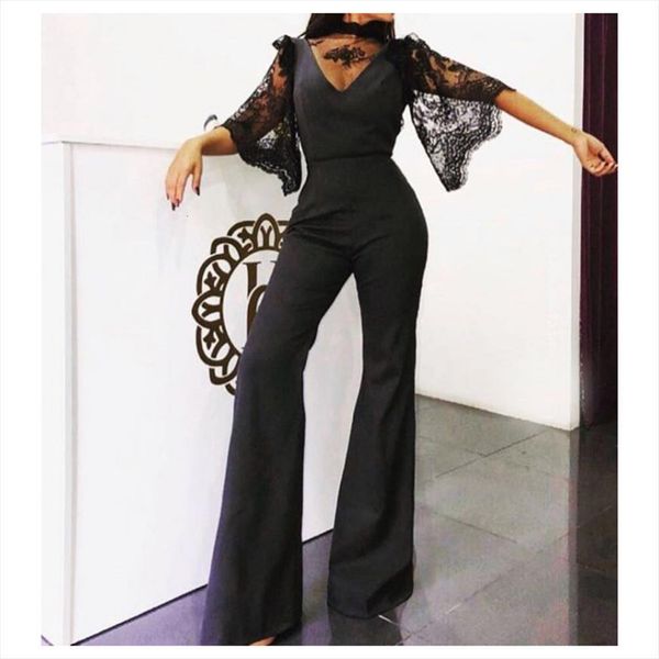 

elegant black lace casual flare women jumpsuit half sleeve o neck pants female rompers slim see through overalls, Black;white