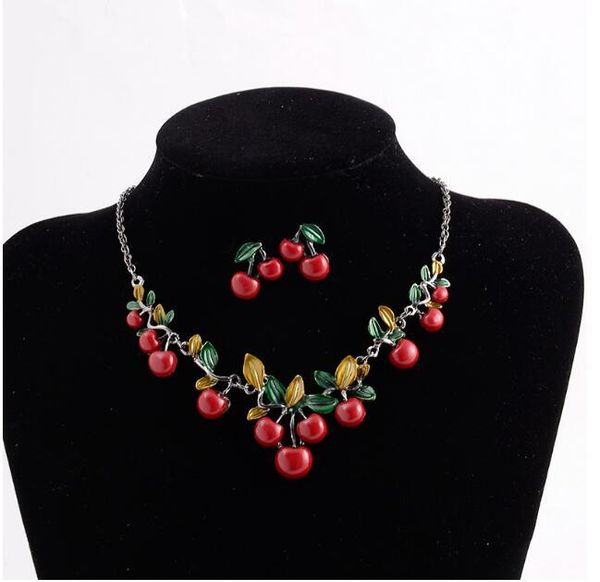 

earrings & necklace 1 set trendy women party jewelry cherry leaf shape sweet female stud earring choker statement, Silver