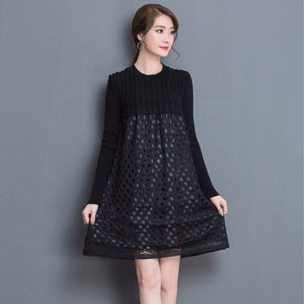 

casual dresses fringed long-sleeved knit dress sweater female 2021 autumn winter fashion round neck black hollow out lq554, Black;gray