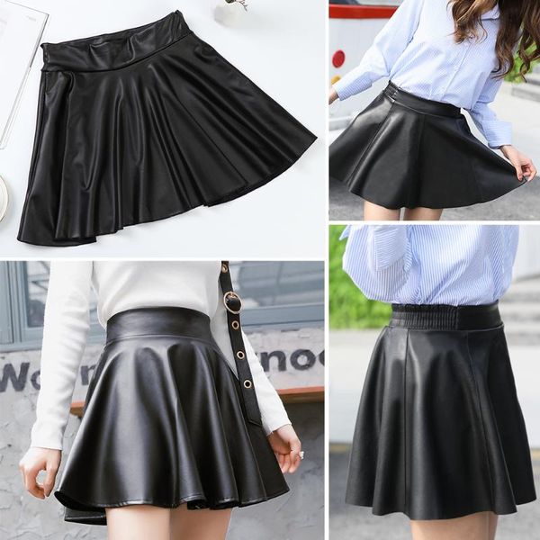

skirts mini short skirt women faux leather high waist elastic multi purpose for skater work nightclub knee-length, Black