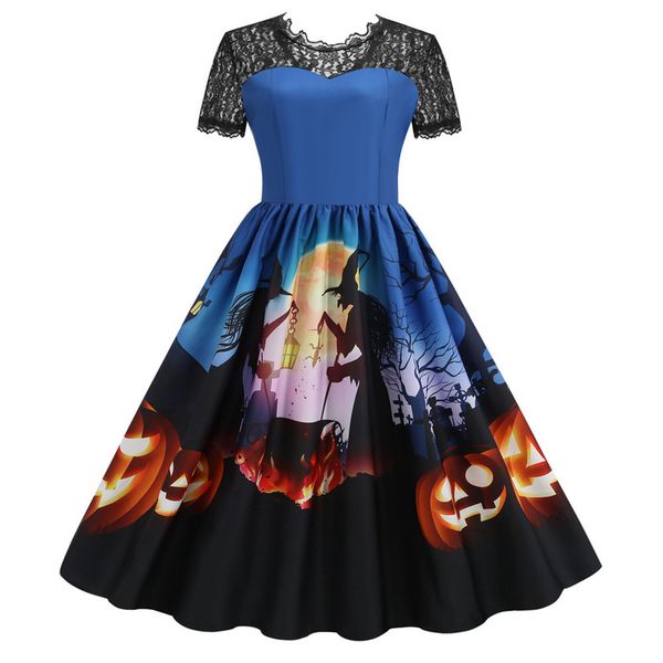 

2021 halloween printed autumn winter multicolor lace round neck women's comfortable holiday loose party holiday show long sleeve, Black;gray