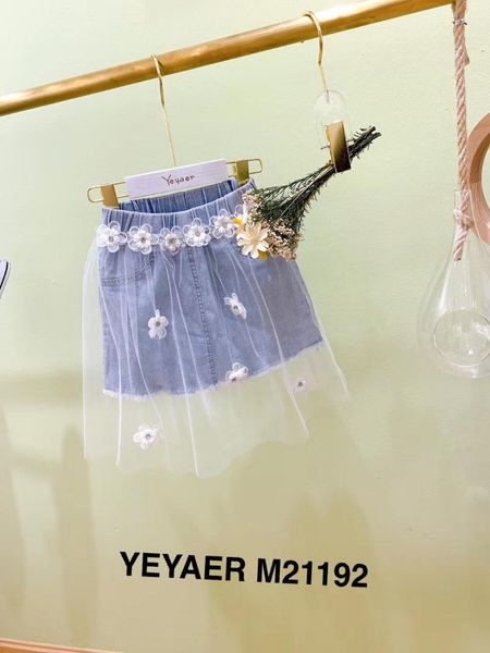 

girls denim skirt summer 2021 children's mesh splicing fake two-piece skirts