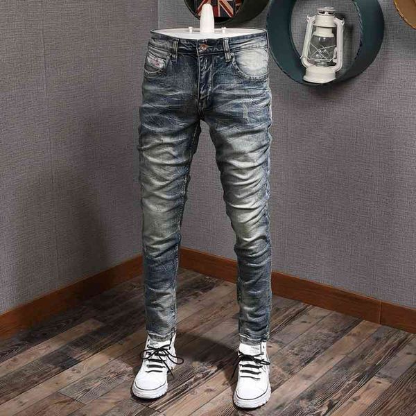

men's jeans italian style fashion men elastic slim fit ripped denim pants homme retro wash vintage designer long trou, Blue
