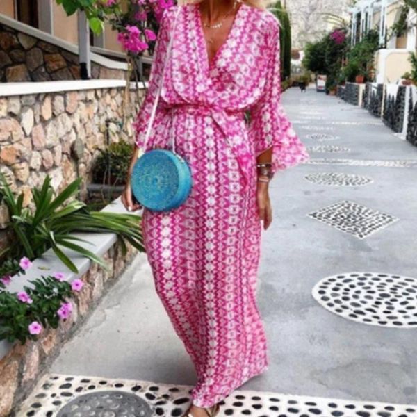 

casual dresses women's long sleeve dress printed pattern deep v-neck 2021 fall bohemian fashion loose ankle skirt pink/green, Black;gray