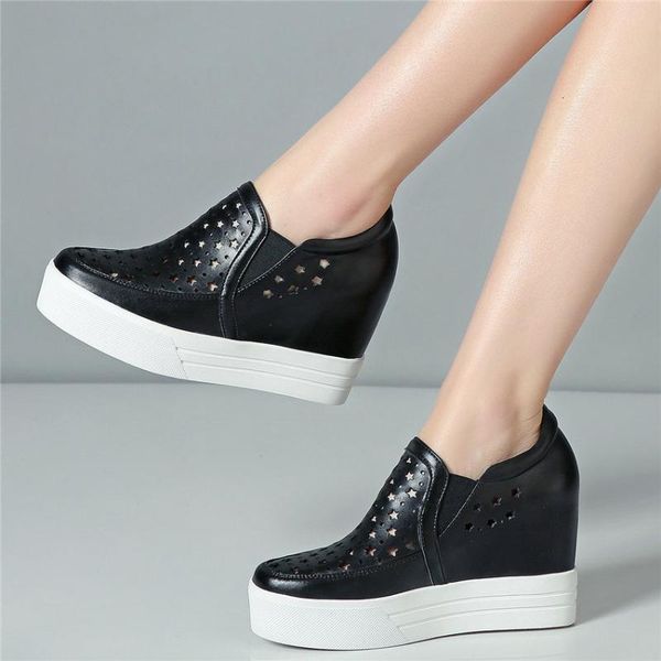 

boots summer fashion sneakers women hollow genuine leather wedges high heel ankle female round toe platform pumps casual shoes 3a16, Black