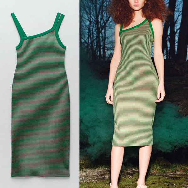 

za summer striped knit dress women sleeveless thin straps asymmetrical party dress woman vintage slim green long dress 210602, Black;gray