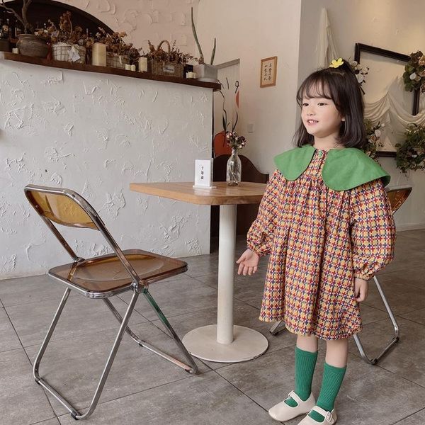 

girl's dresses girls dress autumn 2021 korean style fashion lapel long sleeve plaid princess toddler kids clothes, Red;yellow