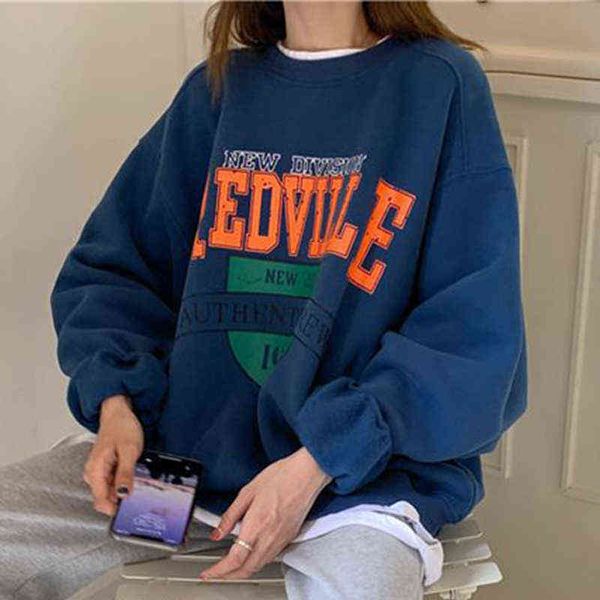 

women letter embroidery crewneck sweatshirt girls autumn winter oversized streetwear korean style casual student pullover 211108, Black